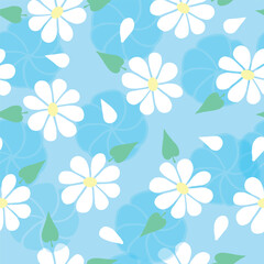 Fototapeta na wymiar Blue background with white flowers and leaves. Decorative seamless pattern for wrapping paper, wallpaper, textile, greeting cards and invitations.
