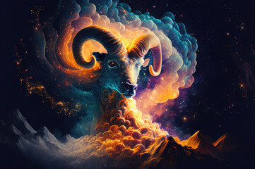 Aries Zodiac Sign, Horoscope Symbol, Magic Astrology Aries in Fantastic Night Sky, Generative AI Illustration