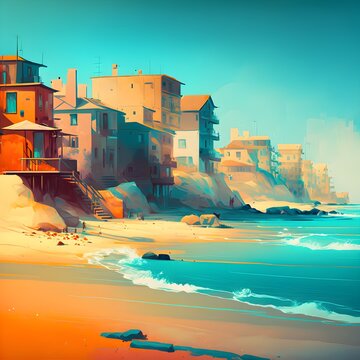 A Calm Beach Town Minimalistic Painting Mix Of Warm And Cool Colors 