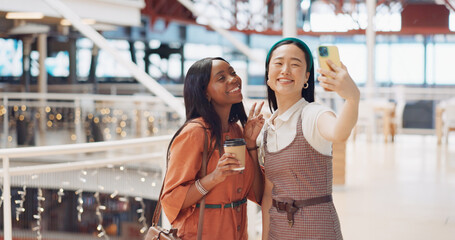 Phone selfie, women and friends with peace sign at mall taking pictures for social media. Bokeh,...