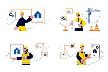 Construction engineer concept with people scenes in the flat cartoon design. Engineers develop blueprints and schematics for future buildings.