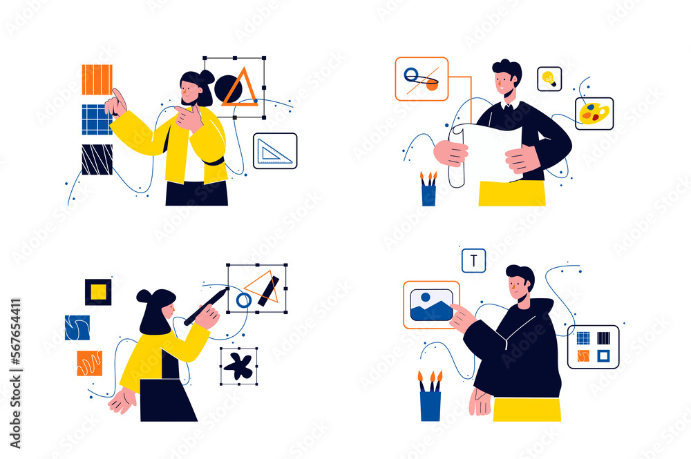 Poster concept design studio with people four scenes in the flat cartoon design. designer work on various t