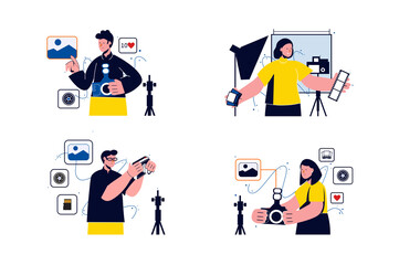 Photo studio concept with people scenes in the flat cartoon style. Photographers prepare for shoots, edit photos and set up cameras.