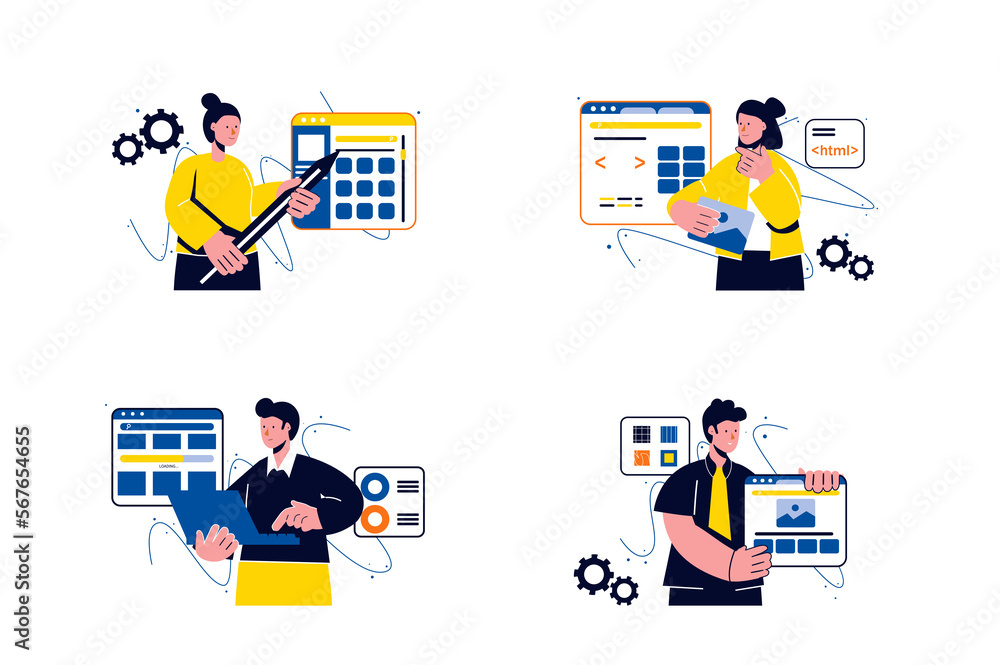 Poster concept web design with people four scenes in the flat cartoon style. programmers work on the creati