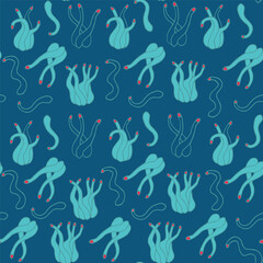 Fototapeta na wymiar Deep blue background with blue tentacles. Decorative seamless pattern for wrapping paper, wallpaper, textile, greeting cards and invitations.