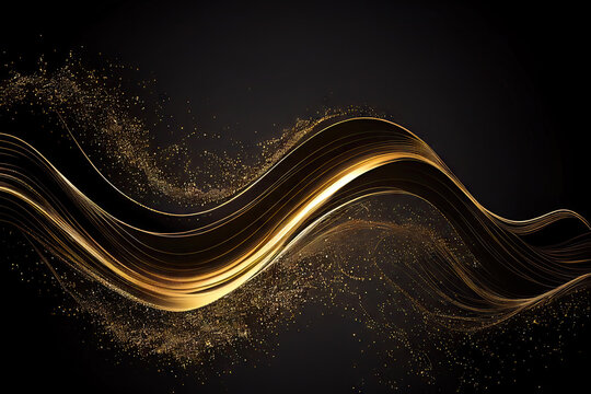 Gold Waves on Black Background, Luxury Wavy Airy Texture, Flying Golden Sand Waves, Abstract Curly Sparkly Pattern, Generative AI Illustration