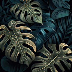 Monstera Leaf Pattern, Lush Jungle Background, Exotic Tropic Foliage, Abstract Generative AI Illustration