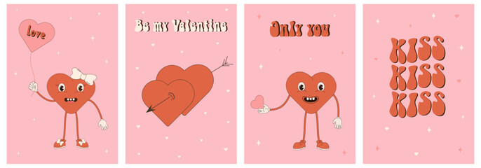 Valentine's Day.Valentine's day greeting card set.Posters for Happy Valentines Day. Set retro groovy posters for Valentine's day.Groovy heart.Trendy retro 90s style.y2k.Cartoon style.2000s.