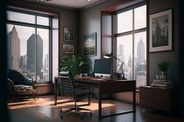 Fototapeta premium modern office interior with desk. generative, ai.