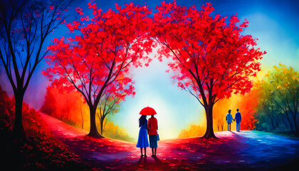 Loving couple travels the world in colorful, lush landscape. Vibrant trees, scenic journey. Generative AI