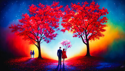 Obraz na płótnie Canvas Loving couple travels the world in colorful, lush landscape. Vibrant trees, scenic journey. Generative AI