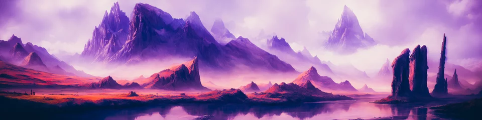Peel and stick wall murals purple A panoramic painting depicts a dangerous and ominous landscape of mountains and rivers. Dark and foreboding, the artwork captures a haunting atmosphere. Generative AI