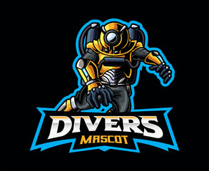 Cyberpunk Diver Mascot Logo. Futuristic Underwater Adventure, Exploring the Depths of a Futuristic Ocean