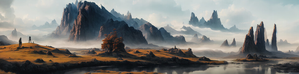 Fototapeta premium A panoramic painting depicts a dangerous and ominous landscape of mountains and rivers. Dark and foreboding, the artwork captures a haunting atmosphere. Generative AI