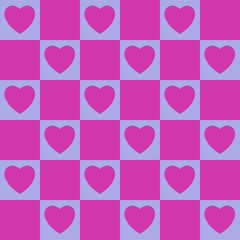  Color purple and blue squares in a checkerboard pattern. Abstract background..Checkerboard with purple hearts, chessboard, semless pattern.