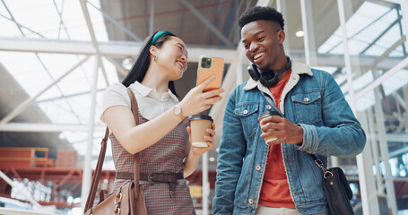 Shopping mall, smartphone and couple of friends on social media, website or blog for discount,...