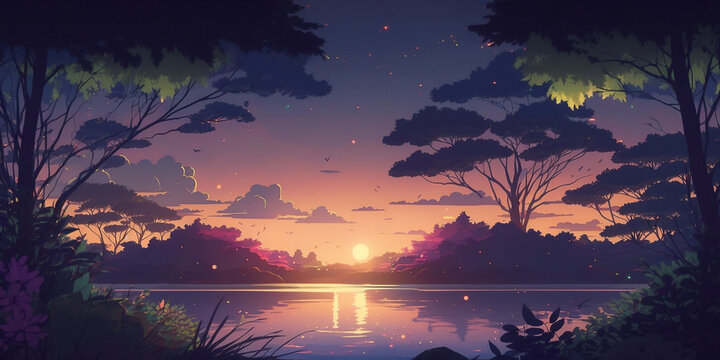 Peaceful and quiet sunset over the calm waters of a lake - AI generative