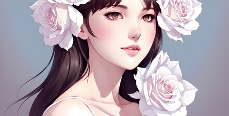 Close of a young bridesmaid wearing big beautiful roses in her hair, wide wallpaper background, made with generative ai