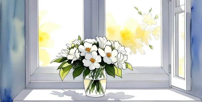Watercolor painting of a vase of flowers sitting on a window, made with generative ai
