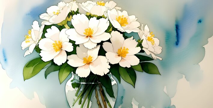 Watercolor painting of white flower bouquet in a vase, made with generative ai