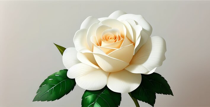 White rose with green leaves on a gray background, made with generative ai