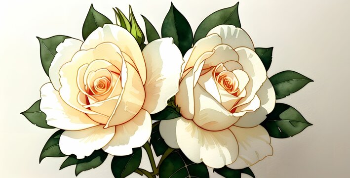 Watercolor painting of two white roses with green leaves on a white gradient background, made with generative ai