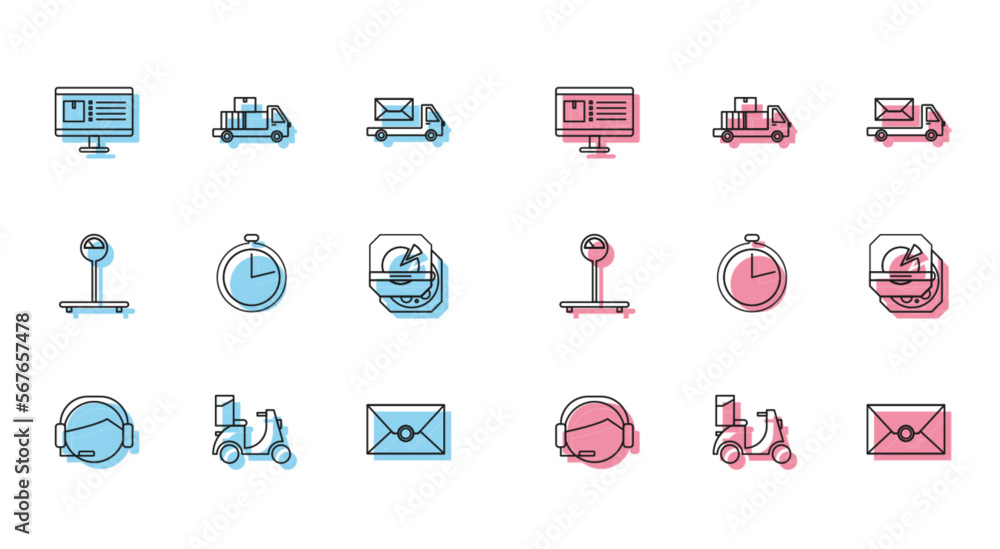 Poster set line support operator in touch, scooter delivery, computer monitor with app tracking, envelope, 