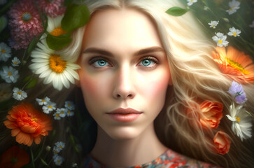 Artistic portrait of a beautiful blonde woman model posing in flowers as a floral painting of spring theme. Illustration created with generative AI tools.