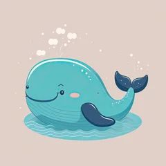 Fotobehang Blue childish whale on color background. Colorful illustration. Generative AI © Gelpi