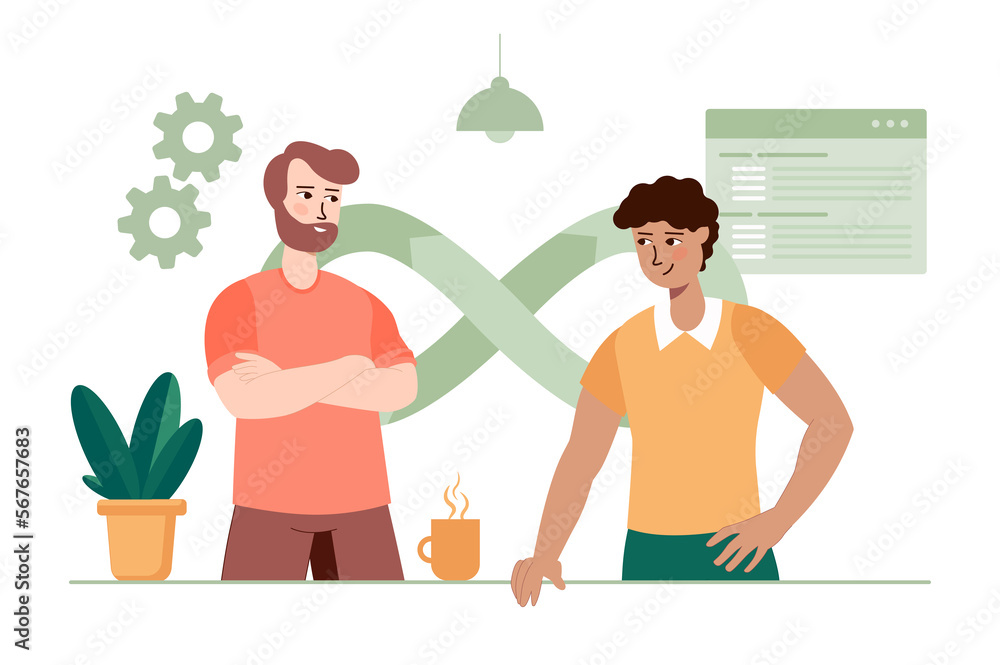 Poster devops green concept with people scene in the flat cartoon style. two programmers discuss updates of