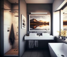 Bathroom interior, modern clean bright bath room with tiles, light decor and style, generative ai