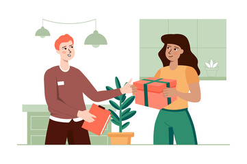 Delivery green concept with people scene in the flat cartoon design. Courier delivered a bid gift to the girl's home.