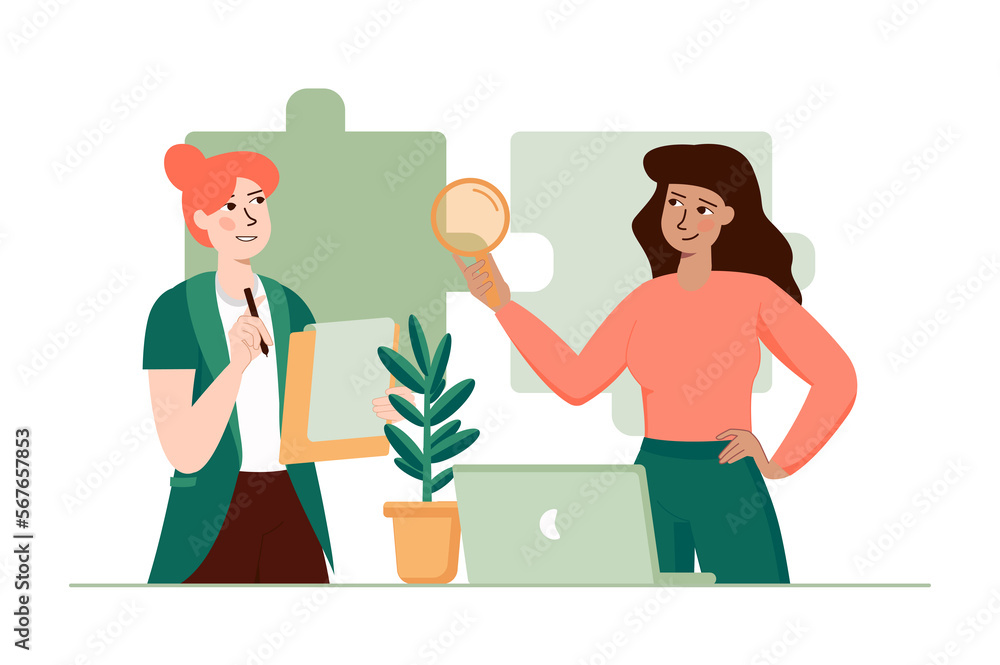 Poster green concept finding solution with people scene in the flat cartoon style. two business woman are l