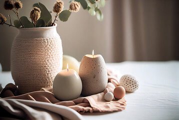Cozy Easter scene in hygge style, with handmade props, bunny, candles and eggs. Created with Generative AI technology.	