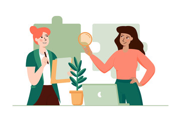 Green concept finding solution with people scene in the flat cartoon style. Two business woman are looking for the right solution to solve problems.