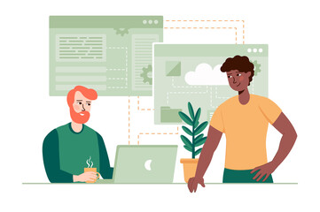 Saas green concept with people scene in the flat cartoon style. Two programmers work on a laptops performing tasks.