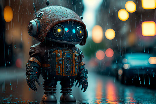 Little robot playing in a futuristic city, steam punk, mecanic, cute robot. Generative AI