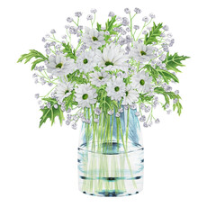 Hand-drawn watercolor glass vase with white flowers