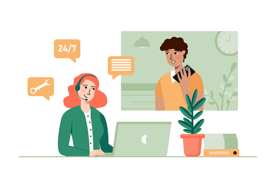 Technical support green concept with people scene in the flat cartoon design. Technical support worker explains to the man how to solve his problem.