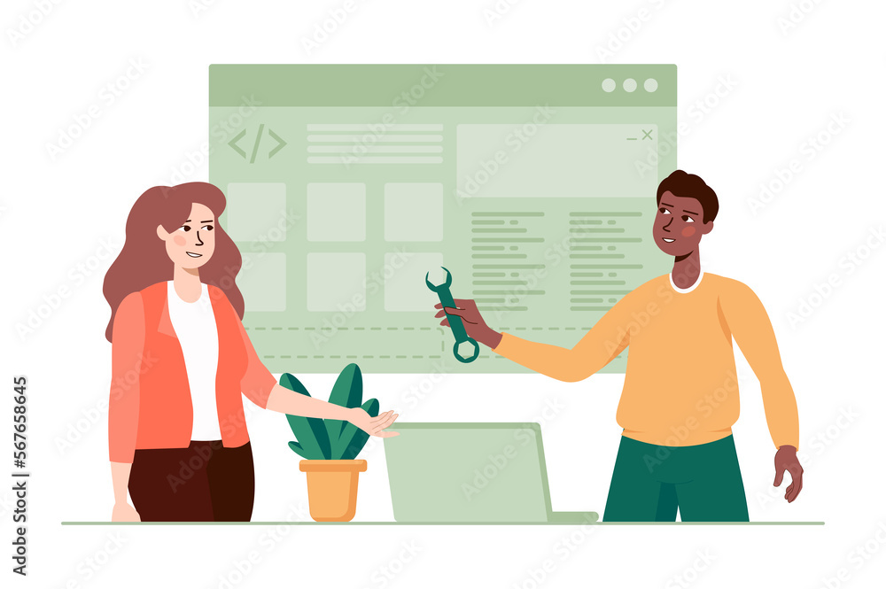 Aufkleber web development green concept with people scene in the flat cartoon style. two employees are working