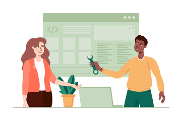 Web development green concept with people scene in the flat cartoon style. Two employees are working on a improving mobile applications.