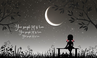A little girl sits on a bench and looks at the moon and the starry sky.