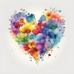 Vivid rainbow colored watercolor flowers of big heart. Valentines day heart Generative AI