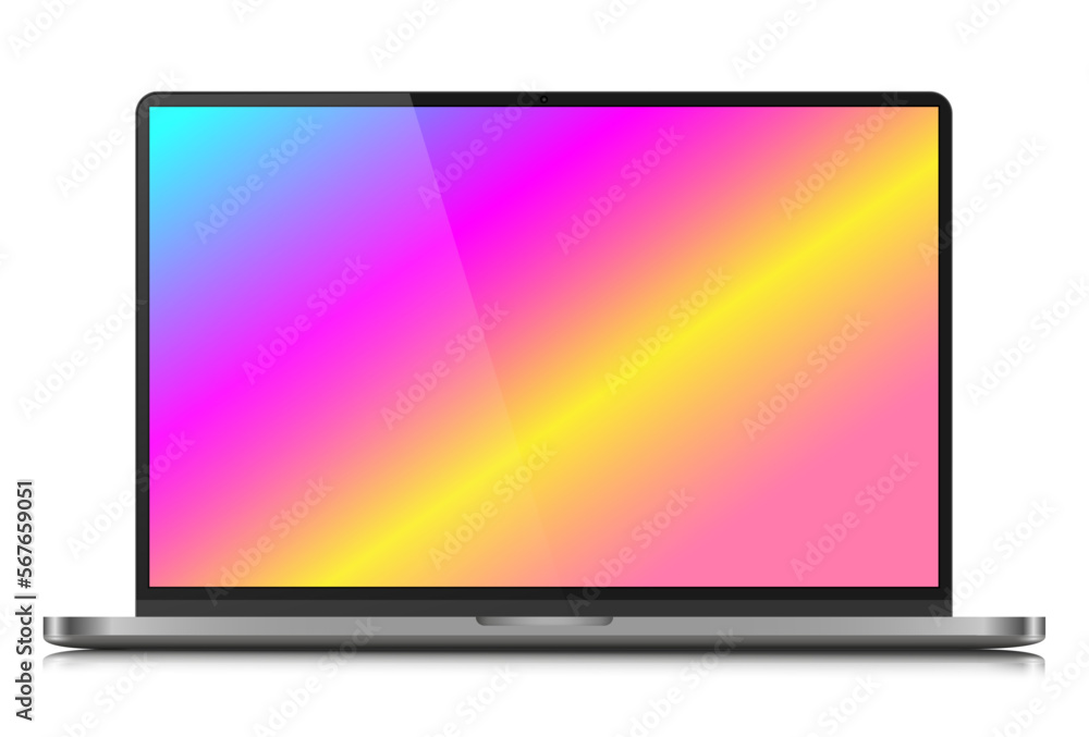 Poster the layout of a modern laptop in a silver thin metal case. realistic laptop with a color gradient sc