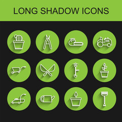 Set line Lawn mower, Watering can, Cactus and succulent pot, Plant, Garden rake, Gardening handmade scissors, and Grass weed electric string trimmer icon. Vector
