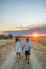 Two kids with holding hands walking in a countryside at sunset