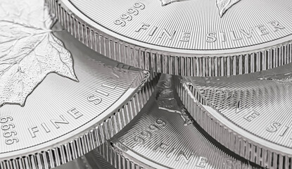 Macro Close up of a Silver Canadian Maple Leaf Bullion Coin