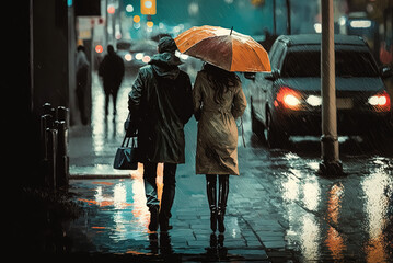 Fototapeta premium Couple walking on street in rain. Generative AI. 