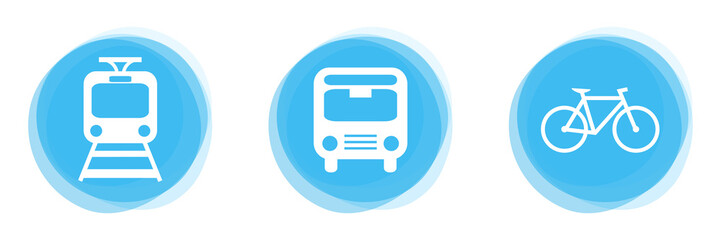 Weiße Icons auf hellblauen Buttons: Zug, Bus und Fahrrad