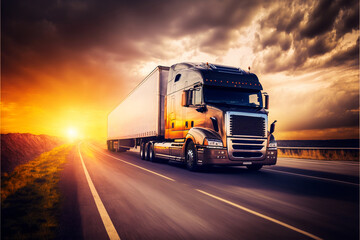 The truck is driving on the highway against the backdrop of sunset. Cargo transportation concept. 